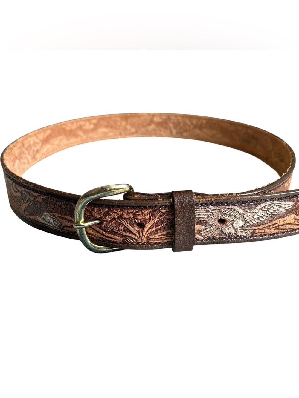 Vintage Tooled Leather Eagle & Floral Belt Brown Americana Cowboy Western Rodeo